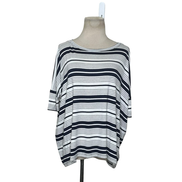 Glam off white navy blue short sleeves oversized knit top size small - Picture 1 of 11